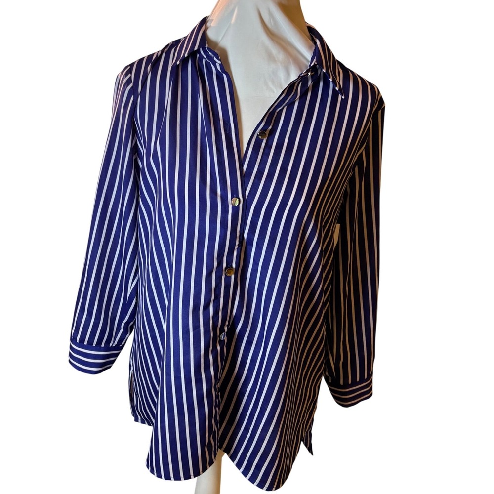 Anne Klein Women's Long Sleeve Button Down Shirt Striped Blue‎ White Large